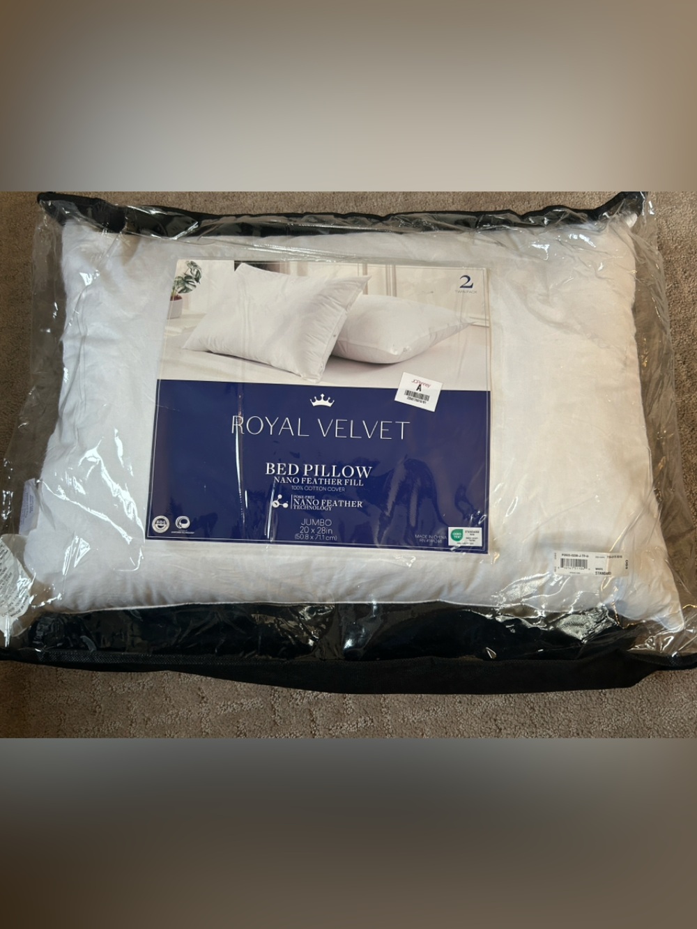 Royal Velvet Nano Feather Fill Bed Pillow Standard w Cotton Cover BTS Dorm NEW